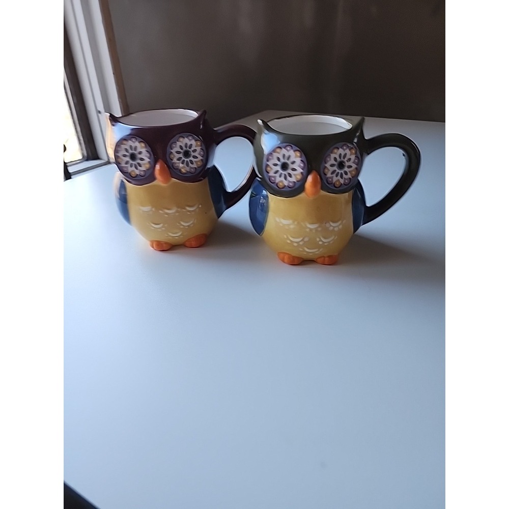 Cracker Barrel Owl Mugs Set of 2 Ceramic Whimsical Cute Coffee Tea Cups‎